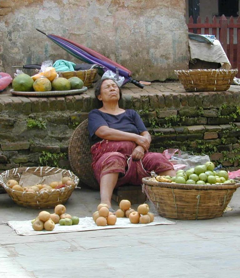Fruit seller dozing among her baskets of guavas and limes