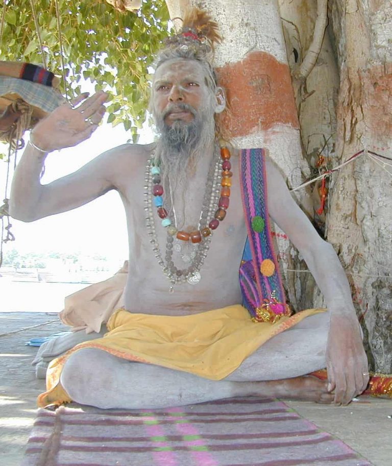 Ash-covered naga baba seated cross-legged beneath a sacred tree