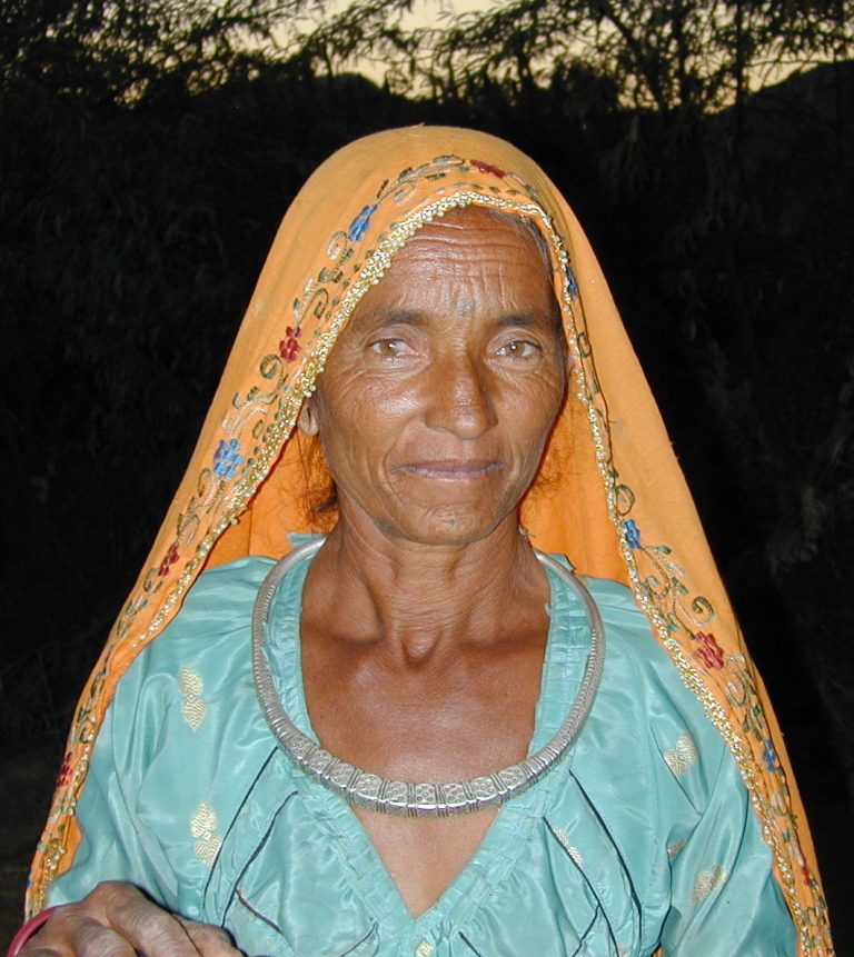 Woman in an embroidered saffron veil and silver torque at dusk
